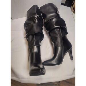 Black Fold Over Pointed Toe Stiletto Knee High Boots Size 6.5
